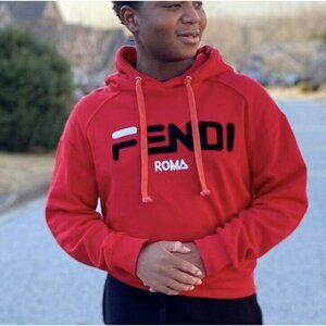 FENDI Roma Mania Cotton Logo Hoodie Red Special Edition Unisex Red XL